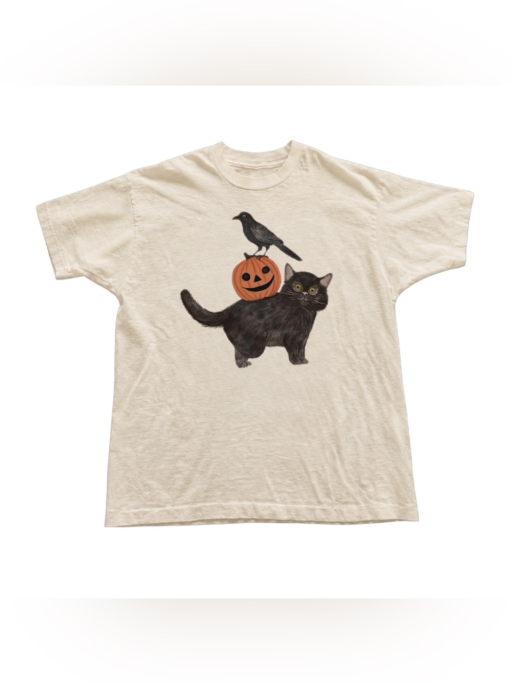 Off White Tee with Black Cat, Pumpkin & Crow Graphic